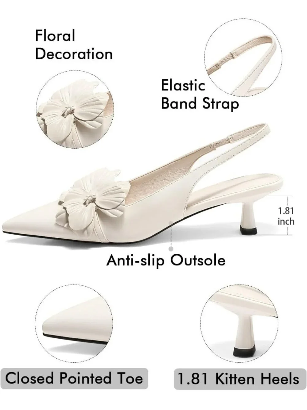 Women's Beige Flower Closed Pointed Toe Slingback Kitten Heels Wedding Pumps